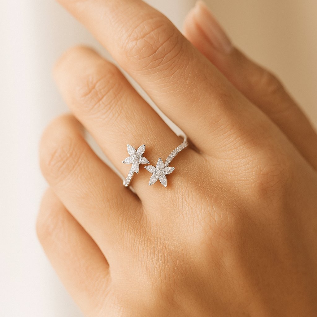 parkling Diamond Twin Bloom Ring in White Gold