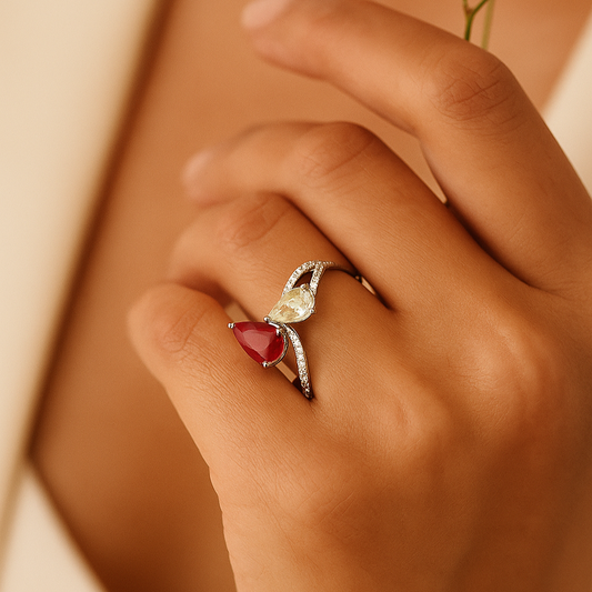 Elegant Bypass Ring with Ruby and Diamond Pears