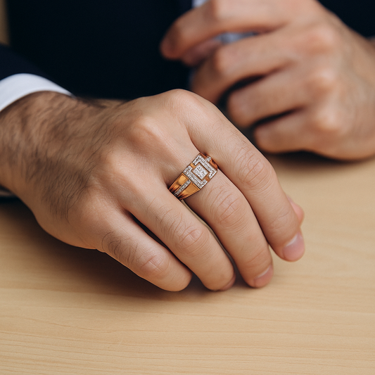 Gentlemen's Draft Elegant Square Pattern Diamond Ring in 14K Rose Gold