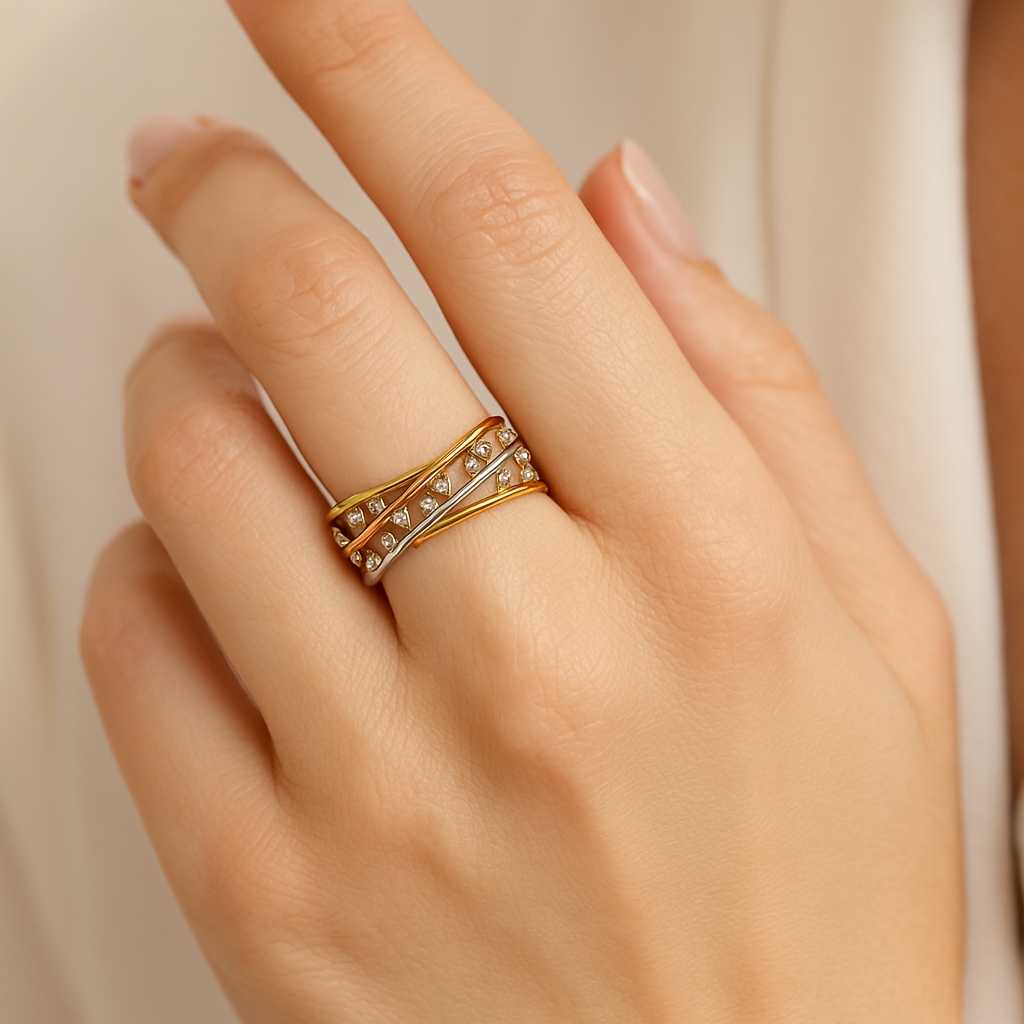 Triple Tone Criss-Cross Diamond Statement Ring