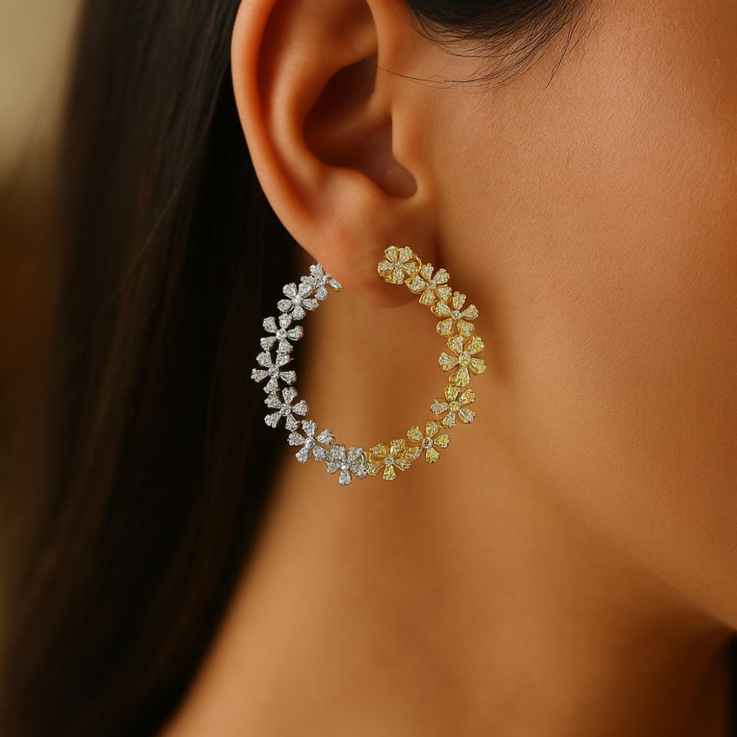 Sophisticated Diamond Hoop Earrings with Floral Design