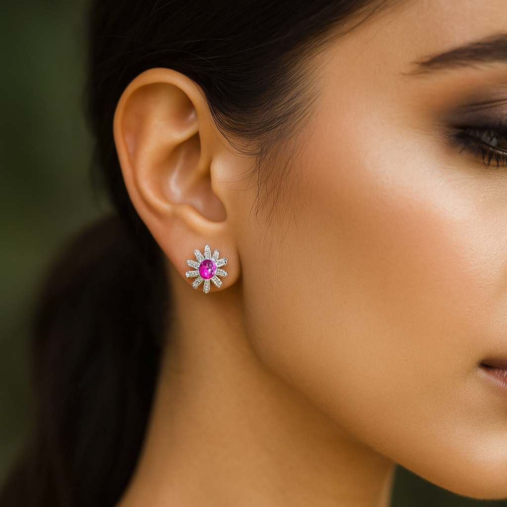Timeless Diamond Stud Earring Featuring a Pink Gemstone