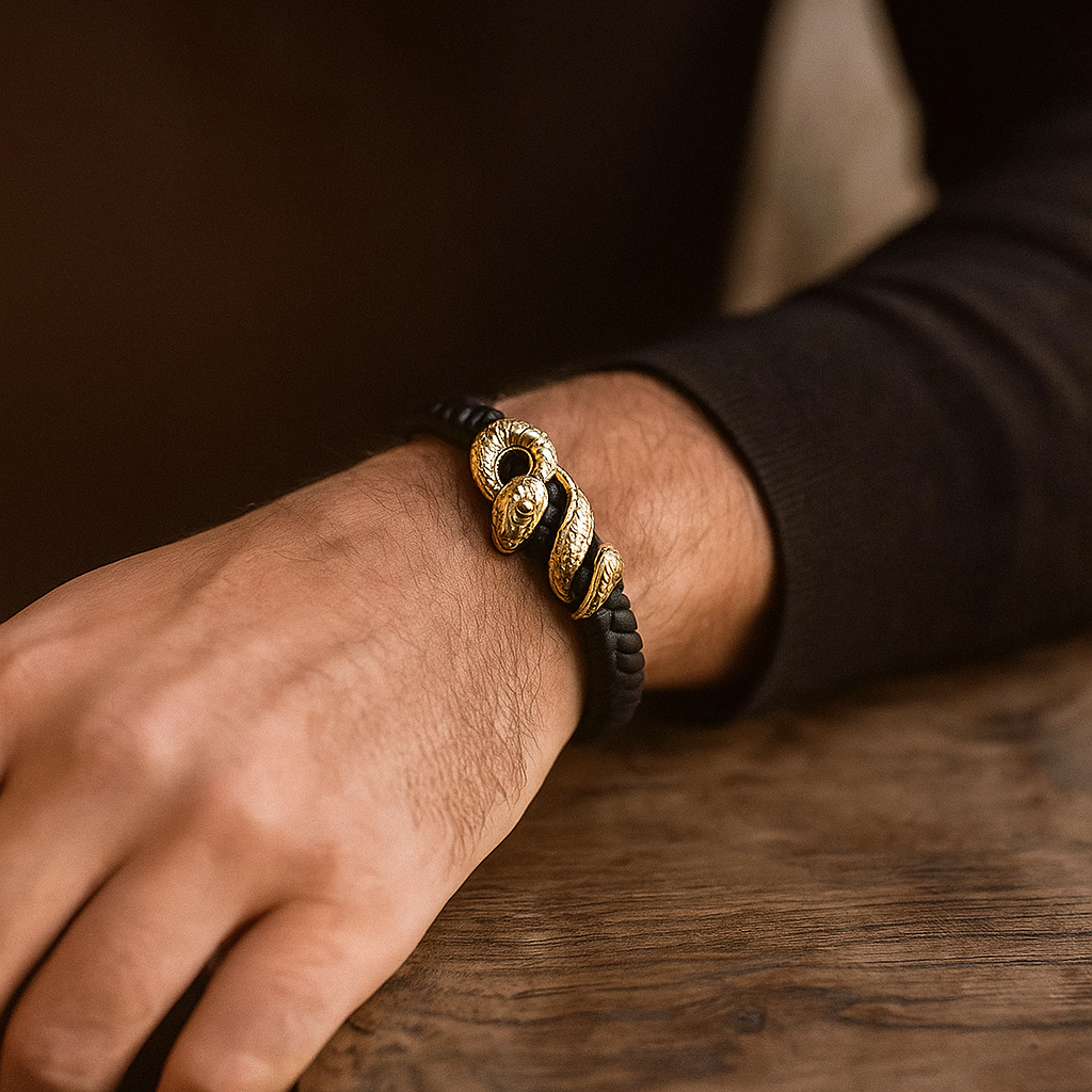 Gentlemen's Draft Men’s Black Braided Bracelet with Gold Snake Design