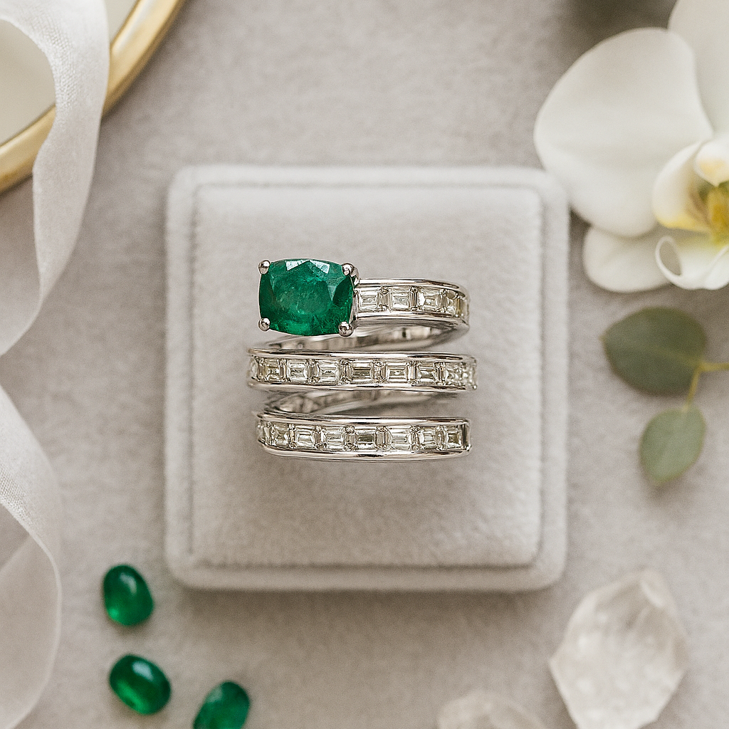 Twist of Elegance: Emerald & Diamond Spiral Ring