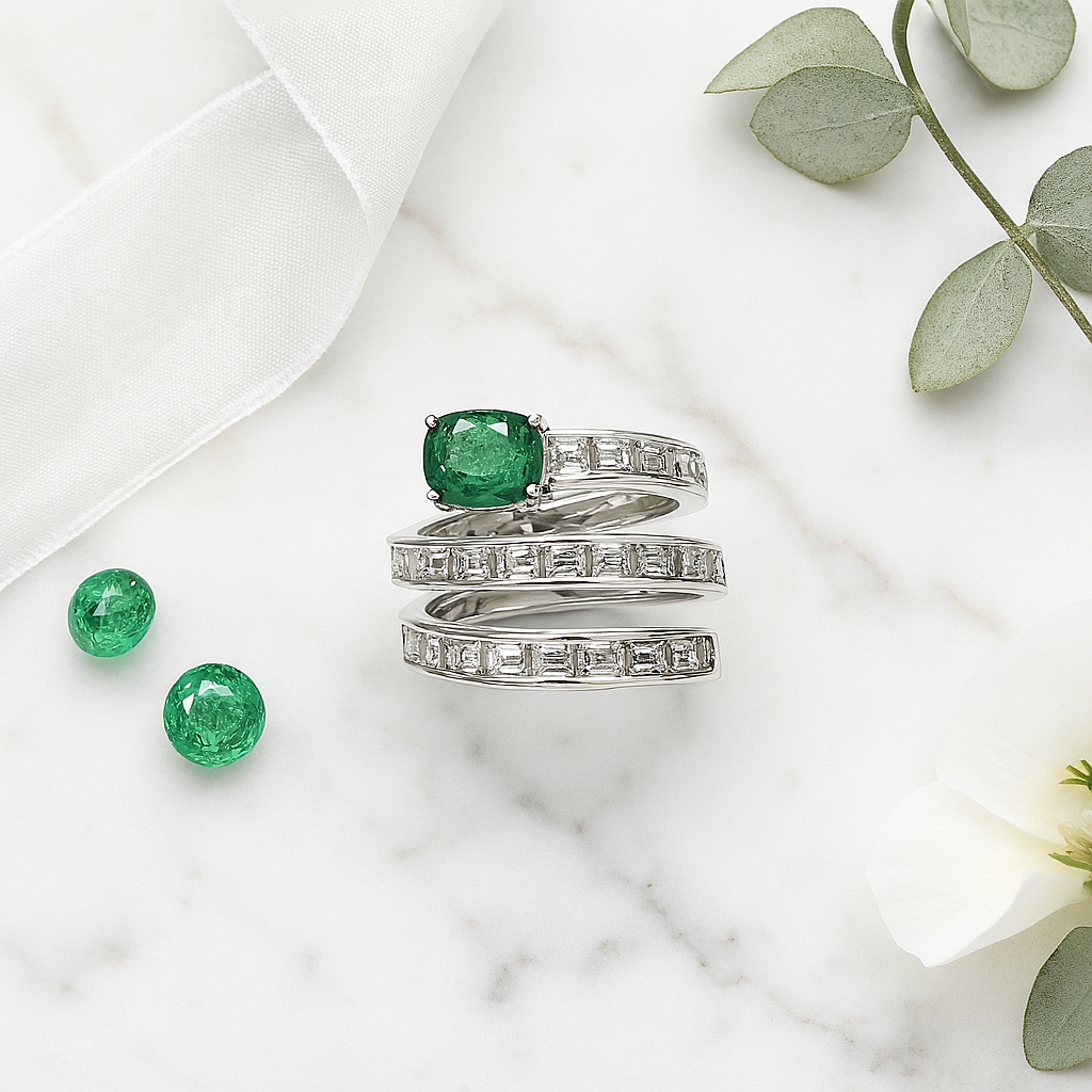 Twist of Elegance: Emerald & Diamond Spiral Ring