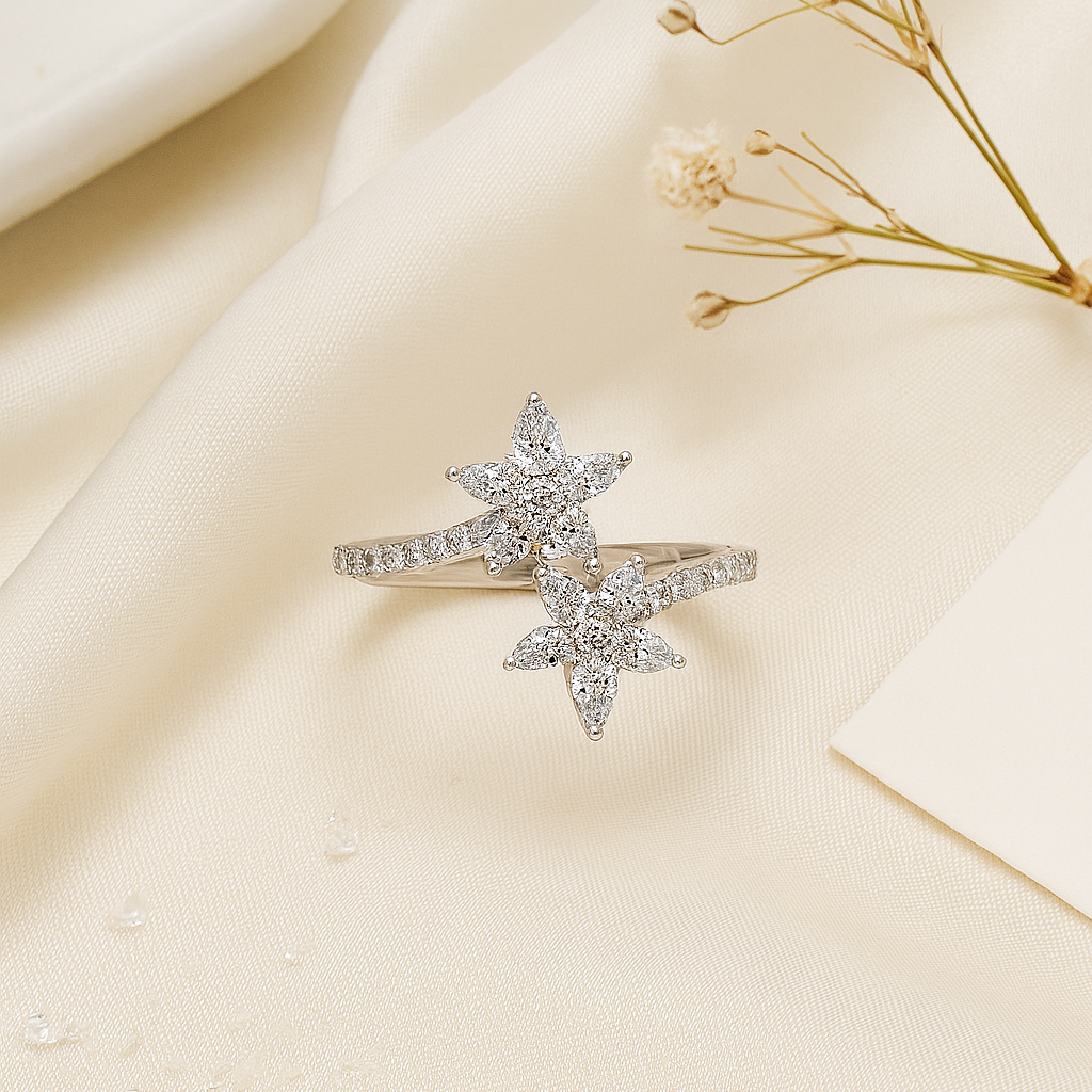 parkling Diamond Twin Bloom Ring in White Gold