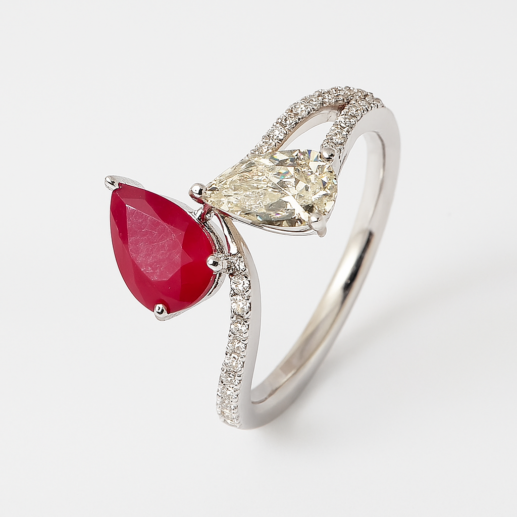Elegant Bypass Ring with Ruby and Diamond Pears