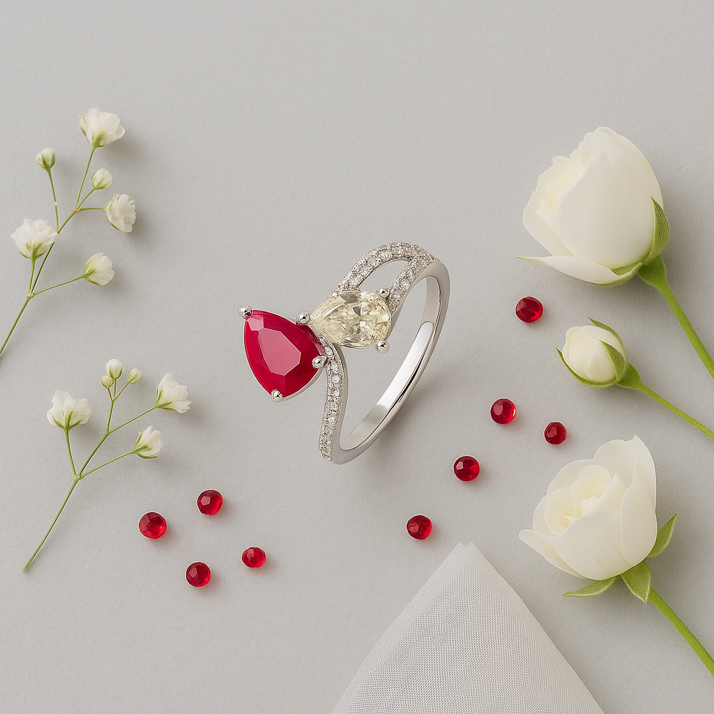 Elegant Bypass Ring with Ruby and Diamond Pears