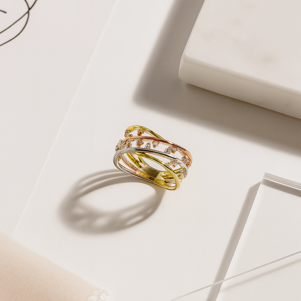 Triple Tone Criss-Cross Diamond Statement Ring