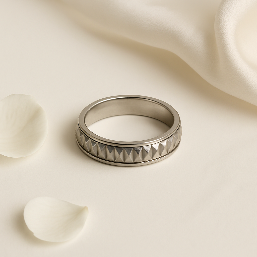 Textured Platinum Men’s Ring with Bold Geometric Finish