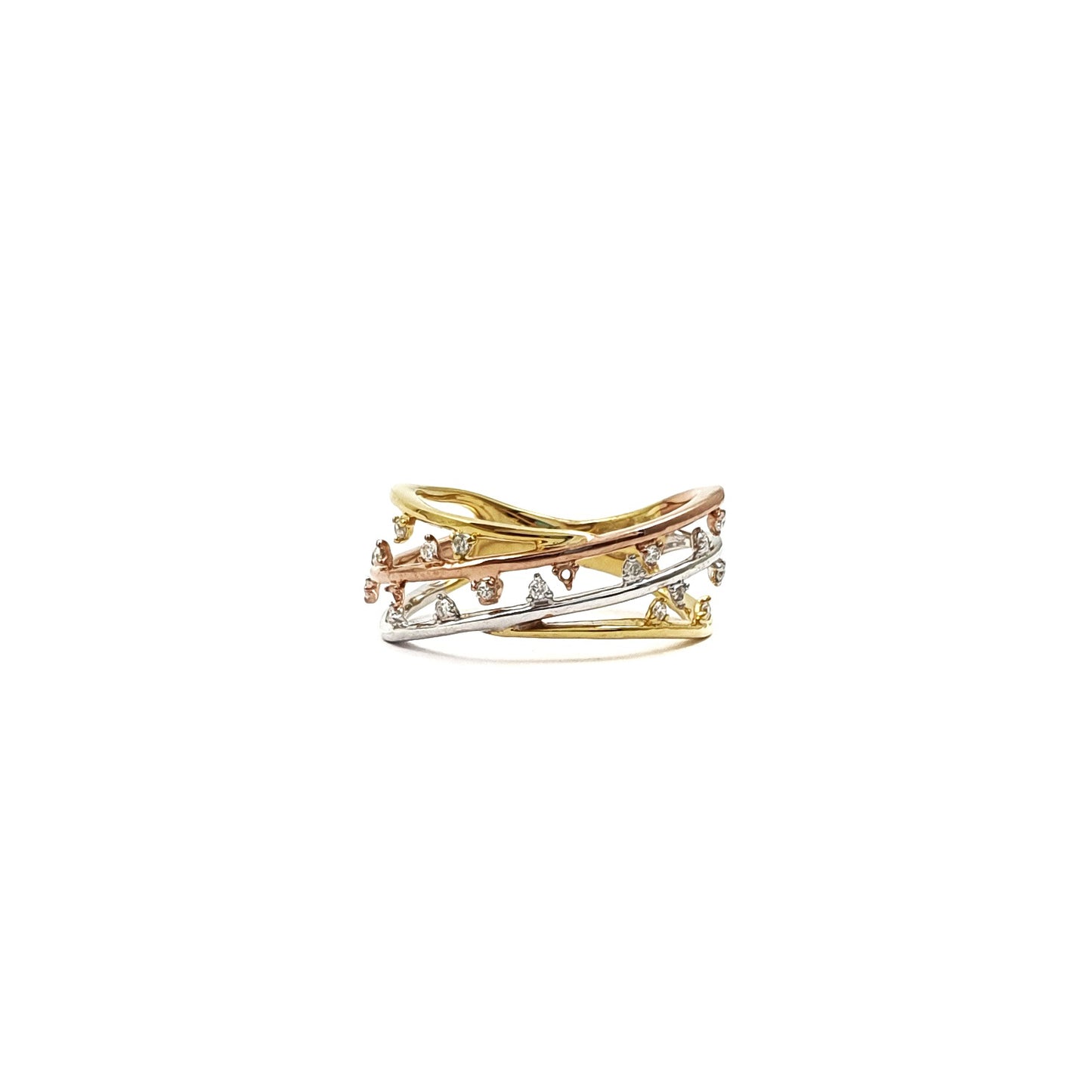 Triple Tone Criss-Cross Diamond Statement Ring