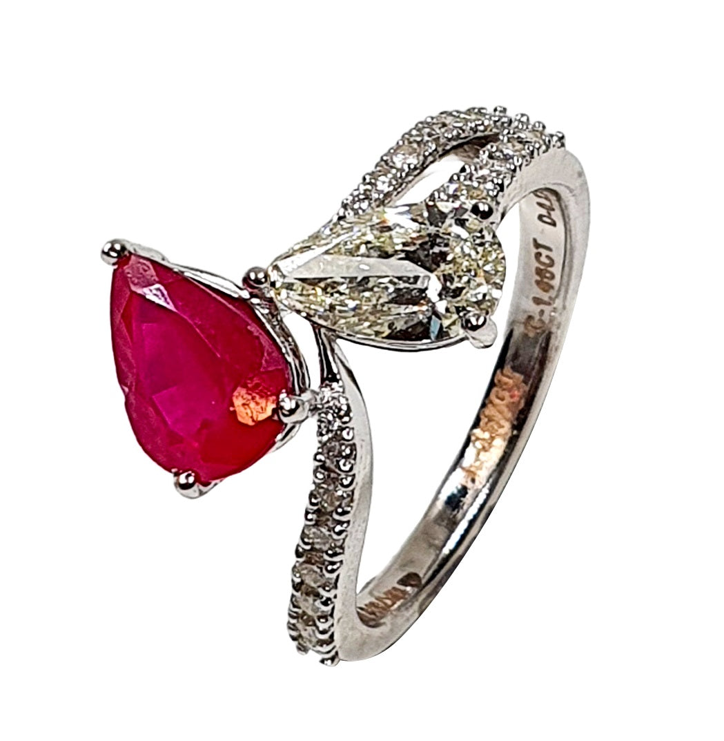 Elegant Bypass Ring with Ruby and Diamond Pears