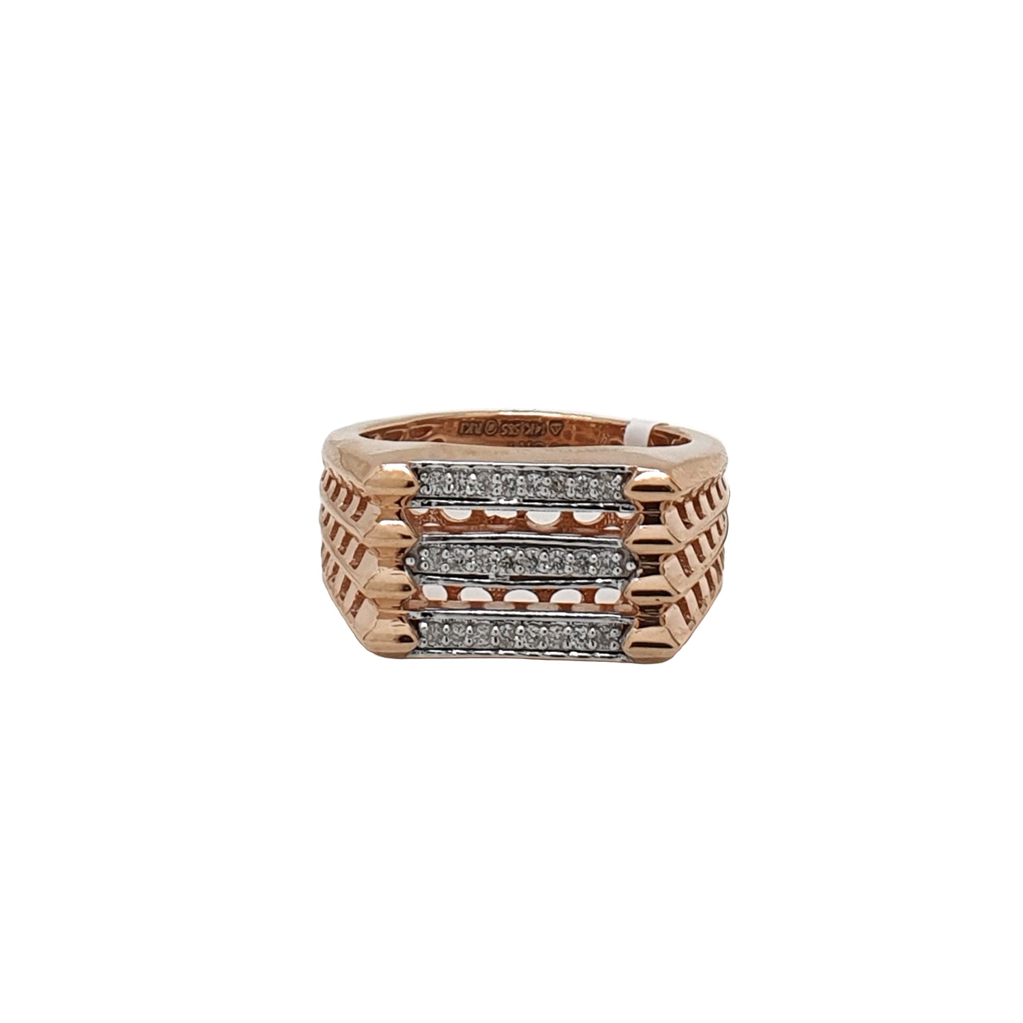 Gentlemen's Draft Bold 14K Rose Gold Ring with Triple Row Natural Diamond