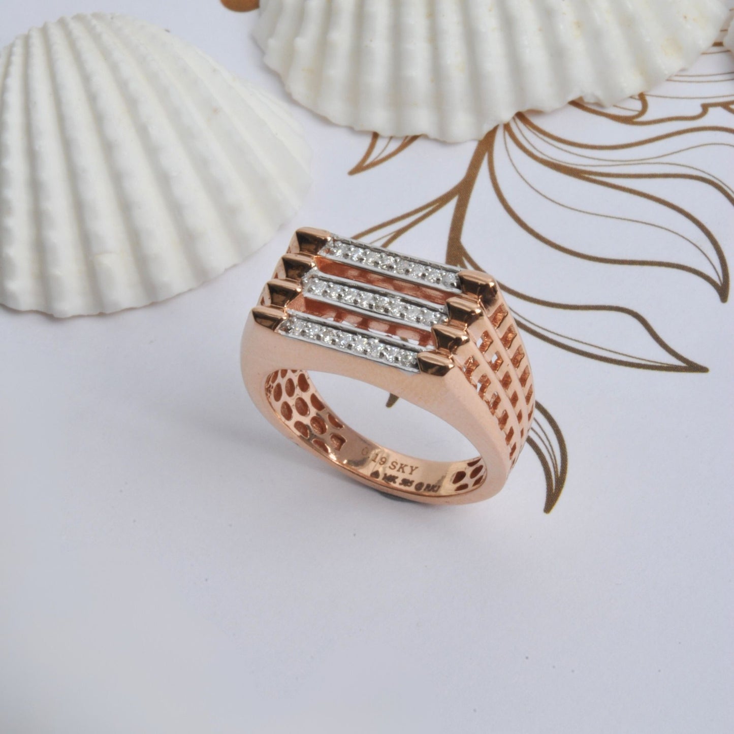 Gentlemen's Draft Bold 14K Rose Gold Ring with Triple Row Natural Diamond
