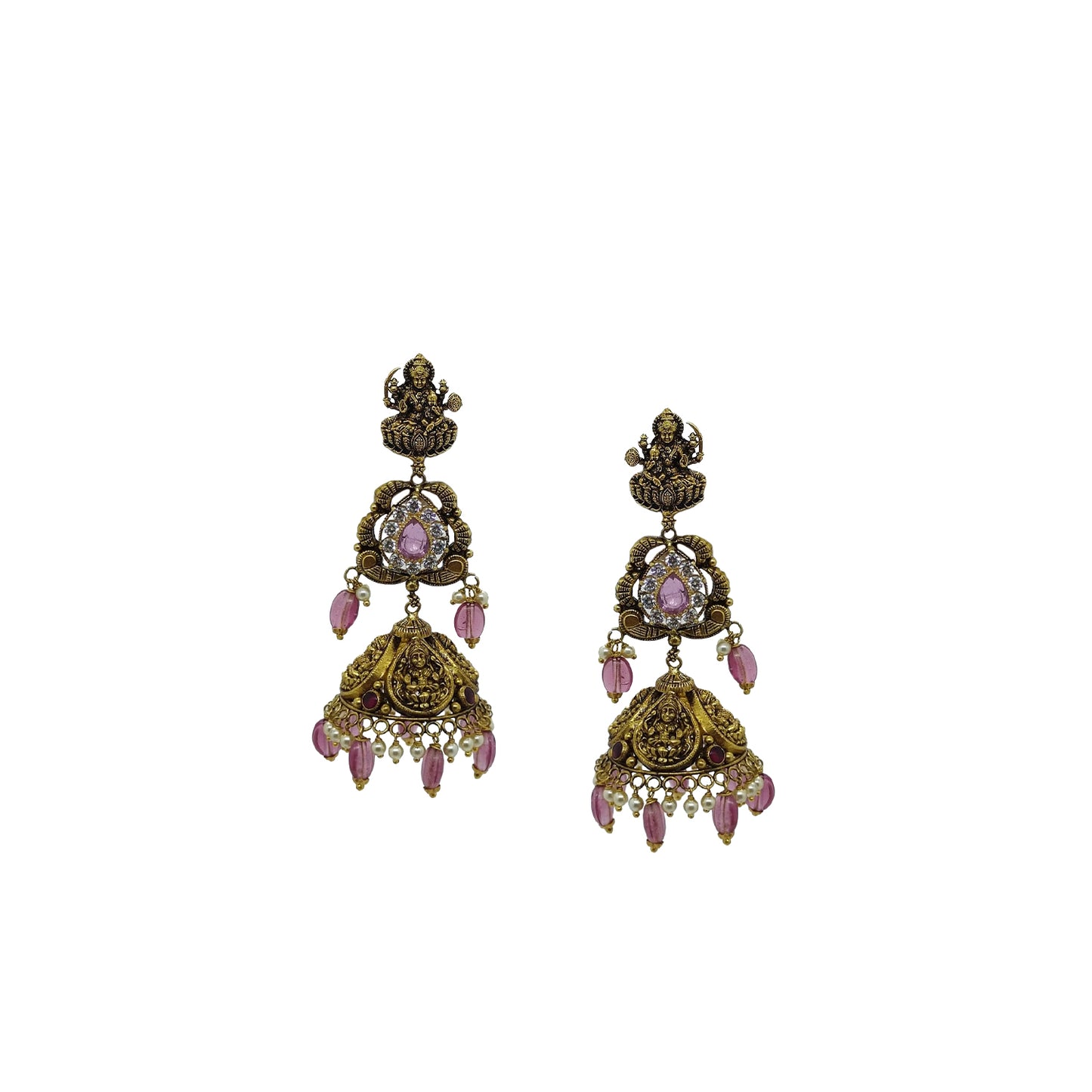 Traditional 22K Gold Temple Necklace with Lakshmi Idol & Jhumka Earrings
