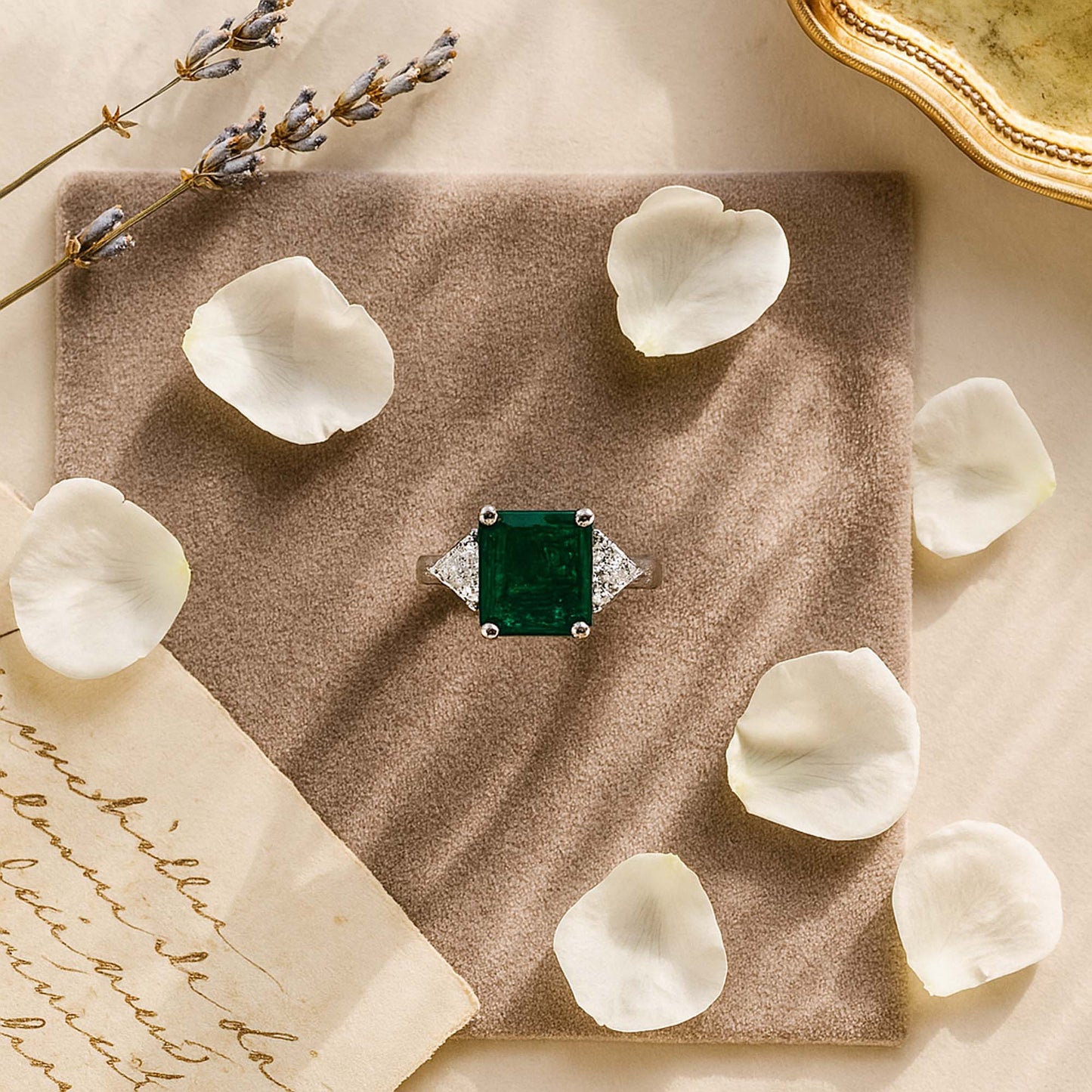 Classic Emerald Cut Emerald Ring with Trillion Diamond Sides