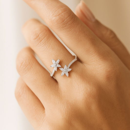 parkling Diamond Twin Bloom Ring in White Gold