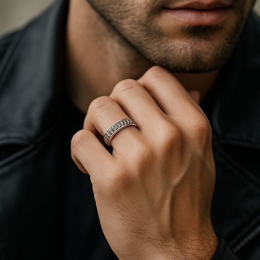 Textured Platinum Men’s Ring with Bold Geometric Finish