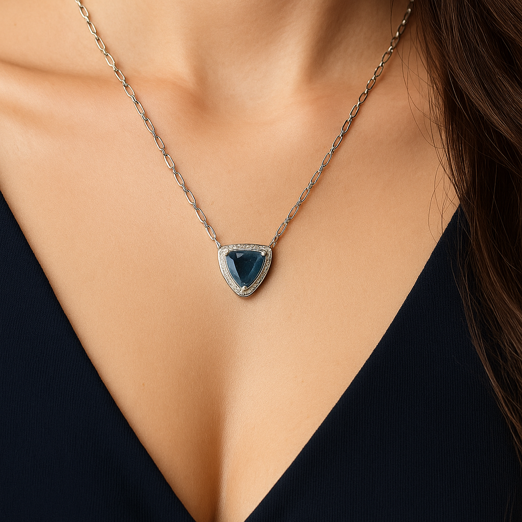 Trillion Blue Stone Pendant with Diamond Accents
