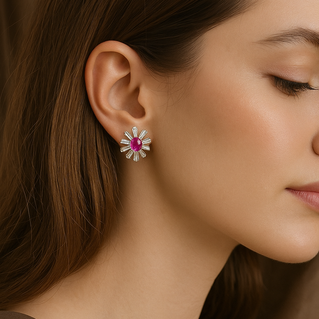 Timeless Diamond Stud Earring Featuring a Pink Gemstone