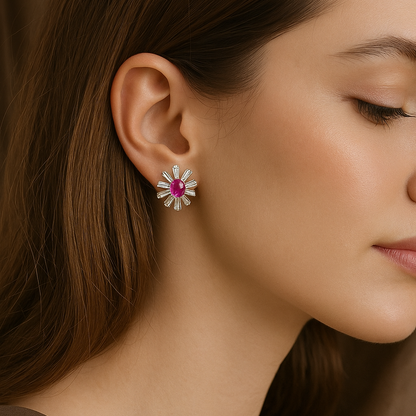 Timeless Diamond Stud Earring Featuring a Pink Gemstone