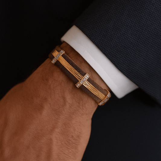 Gentlemen's Draft Elegant Men’s 22K Gold Brown Mesh Bracelet