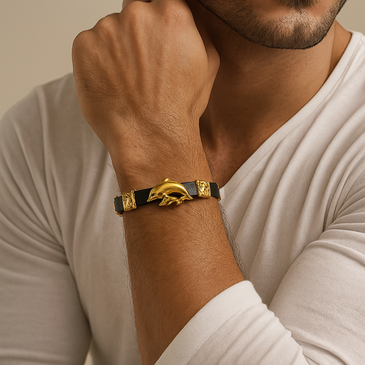 Gentlemen's Draft Classic Black and Gold Men’s Bracelet with Dolphin Charm