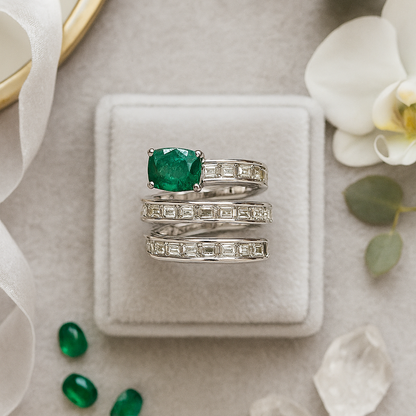 Twist of Elegance: Emerald & Diamond Spiral Ring