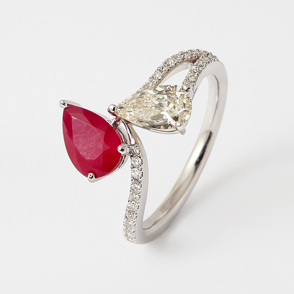 Elegant Bypass Ring with Ruby and Diamond Pears