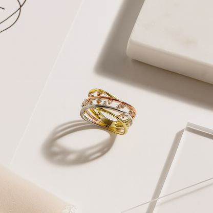 Triple Tone Criss-Cross Diamond Statement Ring
