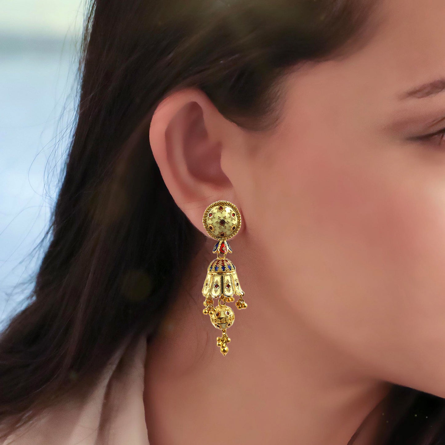 Enamel Coated Antique Gold Earring