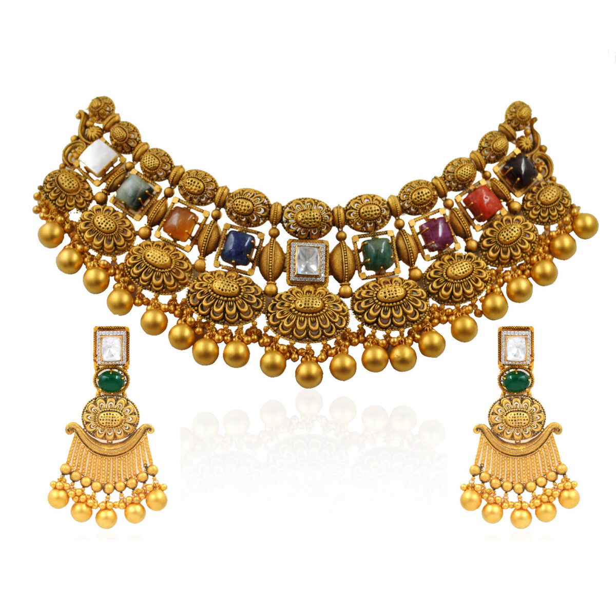 Navaratna Special Antique Gold Choker Necklace - RK Jewellers